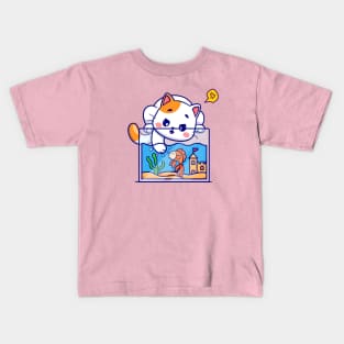 Cute Cat Playing With Fish In Aquarium Cartoon Kids T-Shirt
